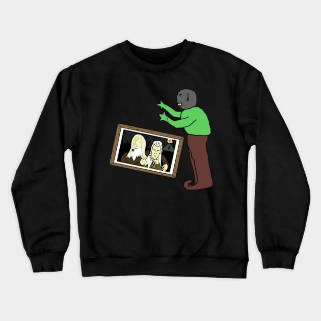 Elf turned into orc steals painting of Gandalf and Legolas Crewneck Sweatshirt by piratesantavampirecowboy